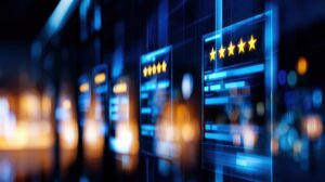 Digital interface displaying glowing reviews with five stars and blurred city lights in the background