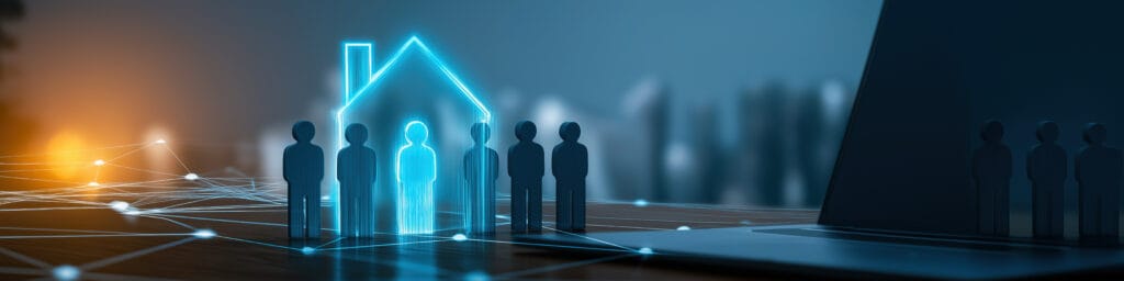 A digital representation of a real estate network with human icons and a house.
